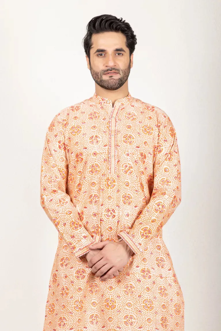 Orange-Printed Chanderi Kurta