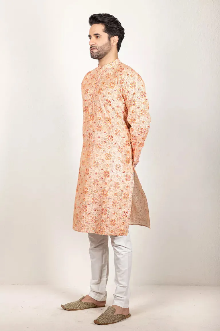 Orange-Printed Chanderi Kurta