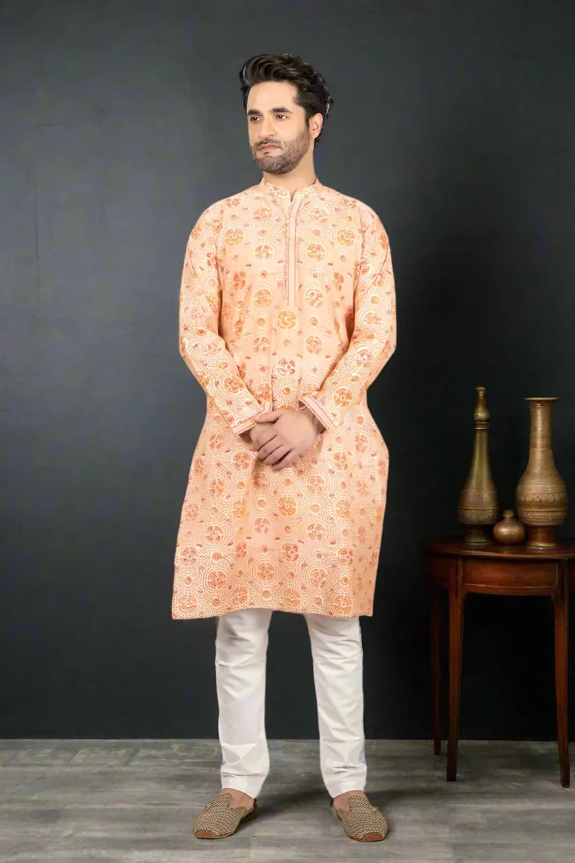 Orange-Printed Chanderi Kurta