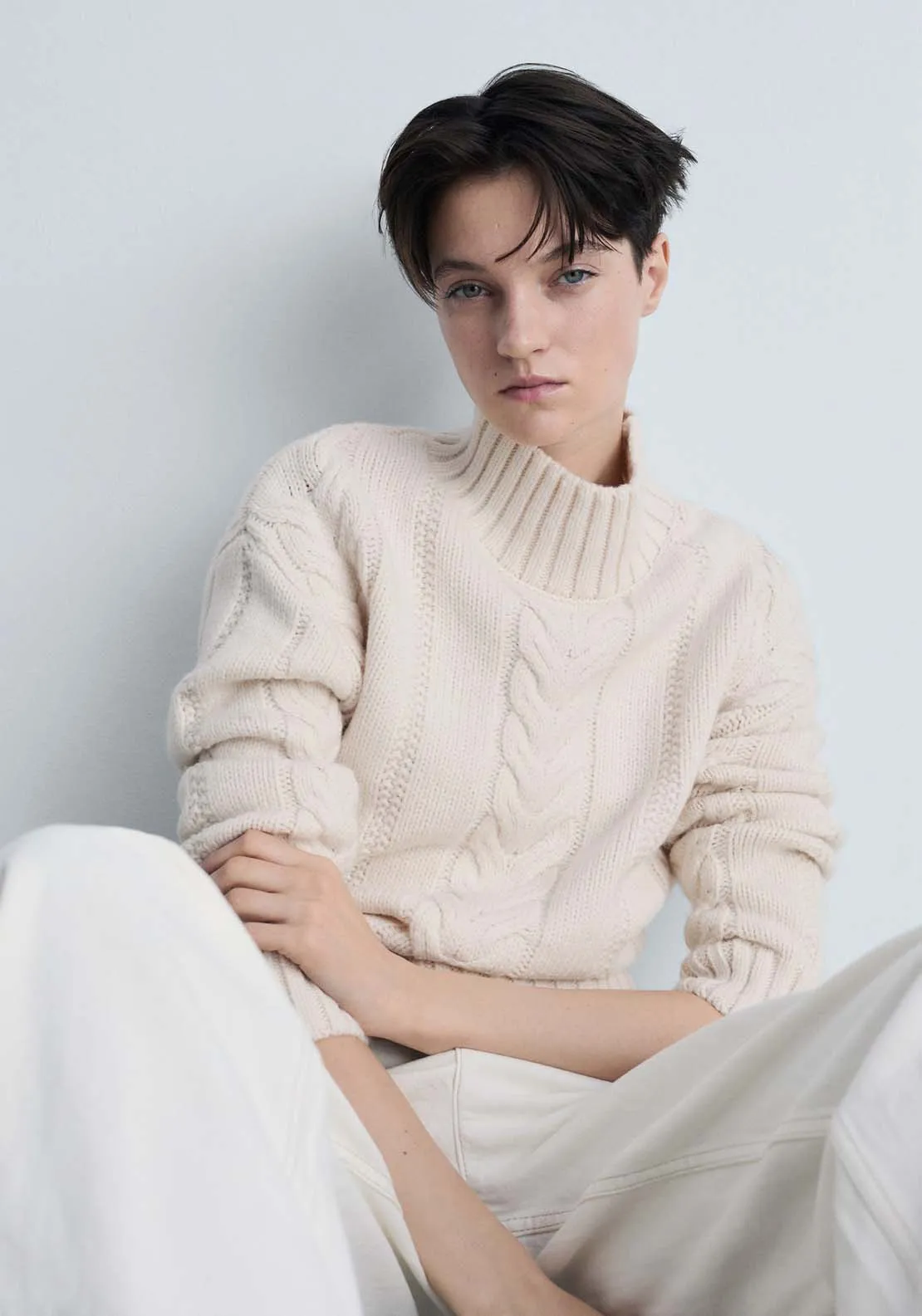 Perkins-neck braided sweater - Light Beige