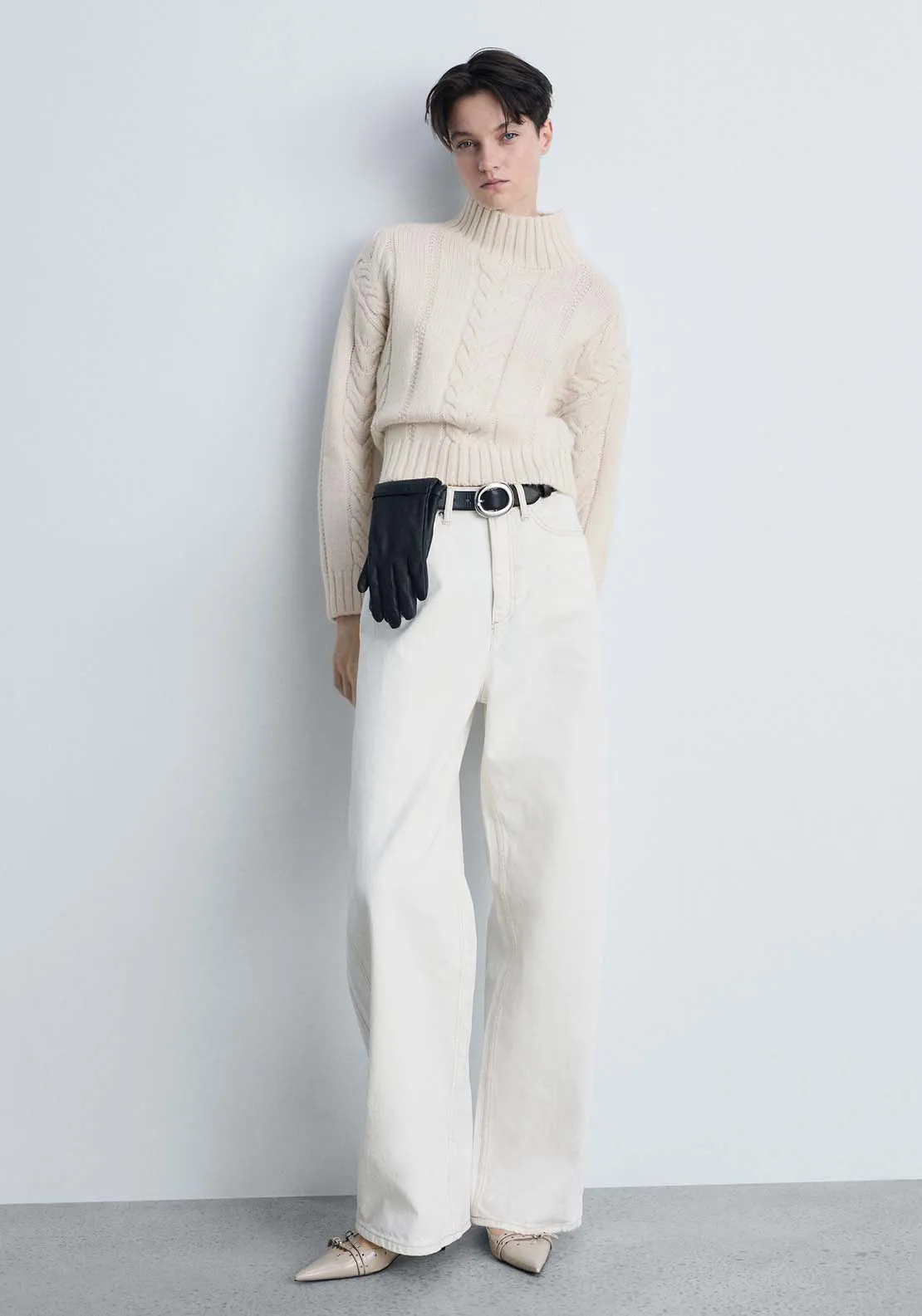 Perkins-neck braided sweater - Light Beige