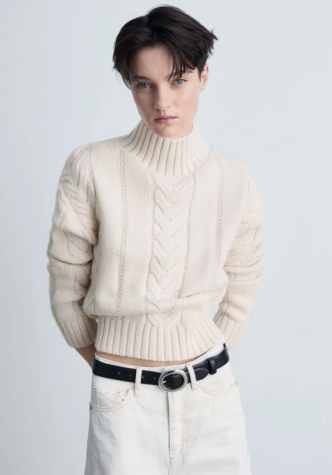 Perkins-neck braided sweater - Light Beige