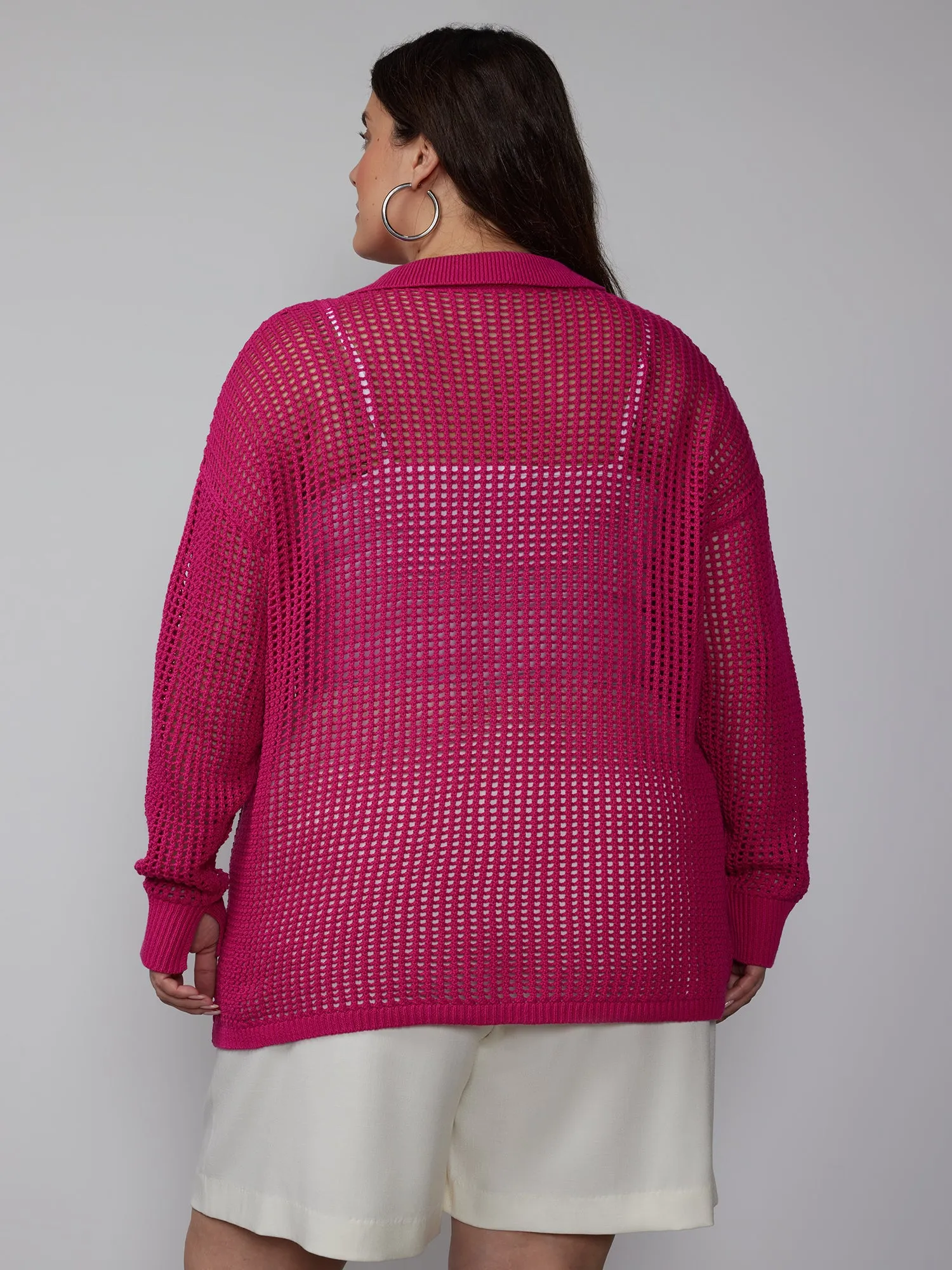 Plus Open Stitch Collar Neck Cardigan