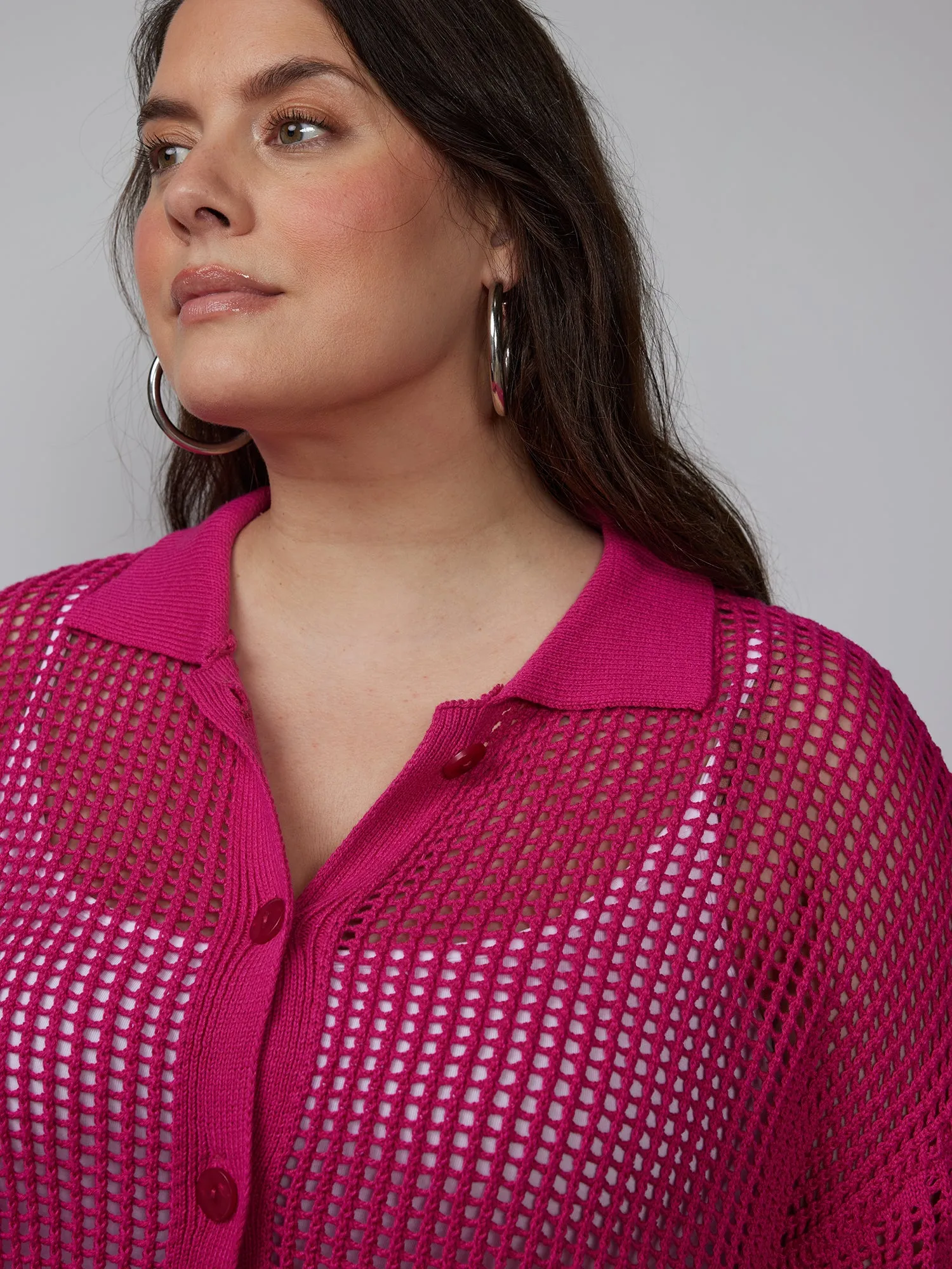 Plus Open Stitch Collar Neck Cardigan