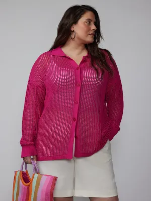 Plus Open Stitch Collar Neck Cardigan