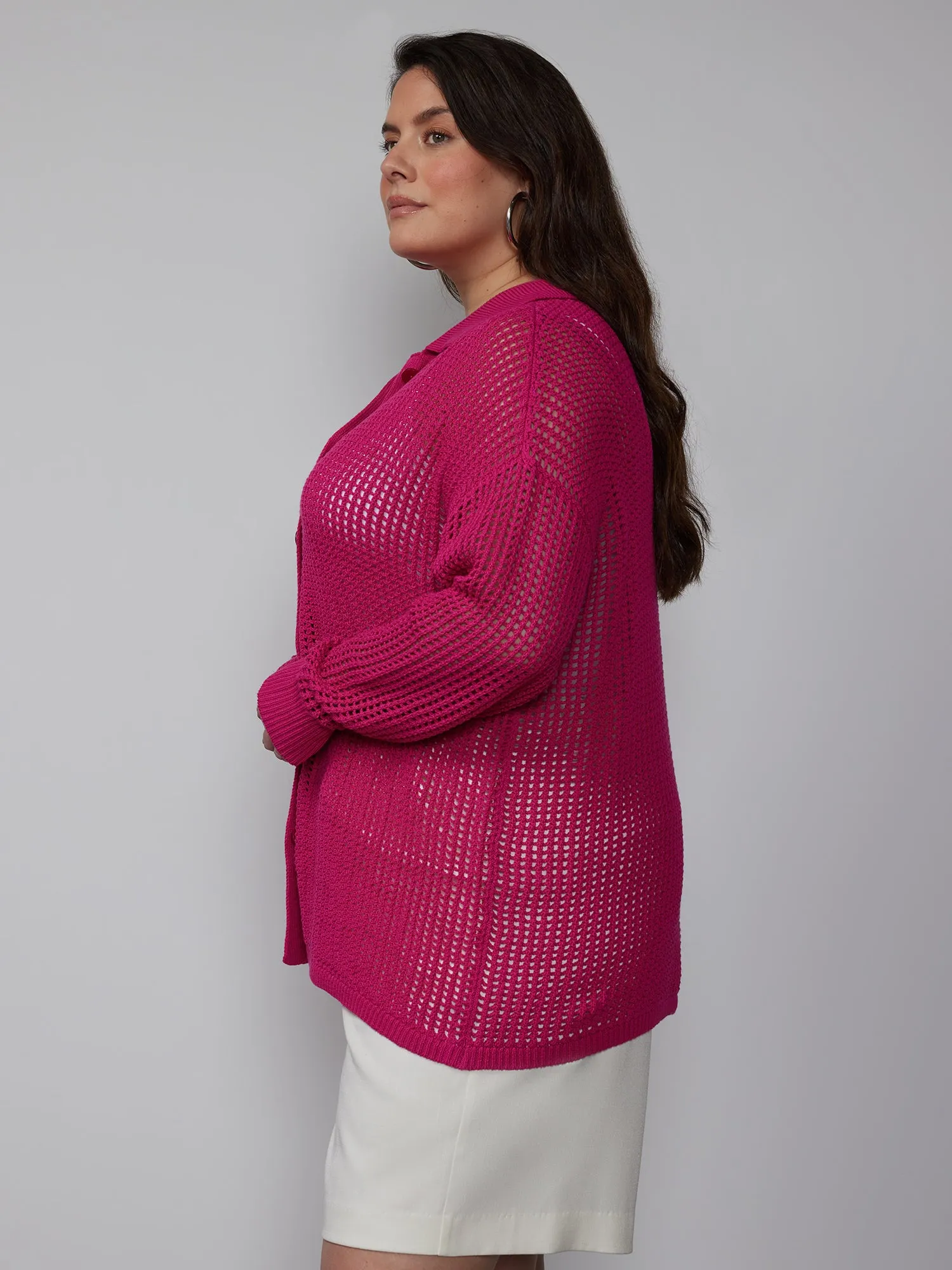 Plus Open Stitch Collar Neck Cardigan