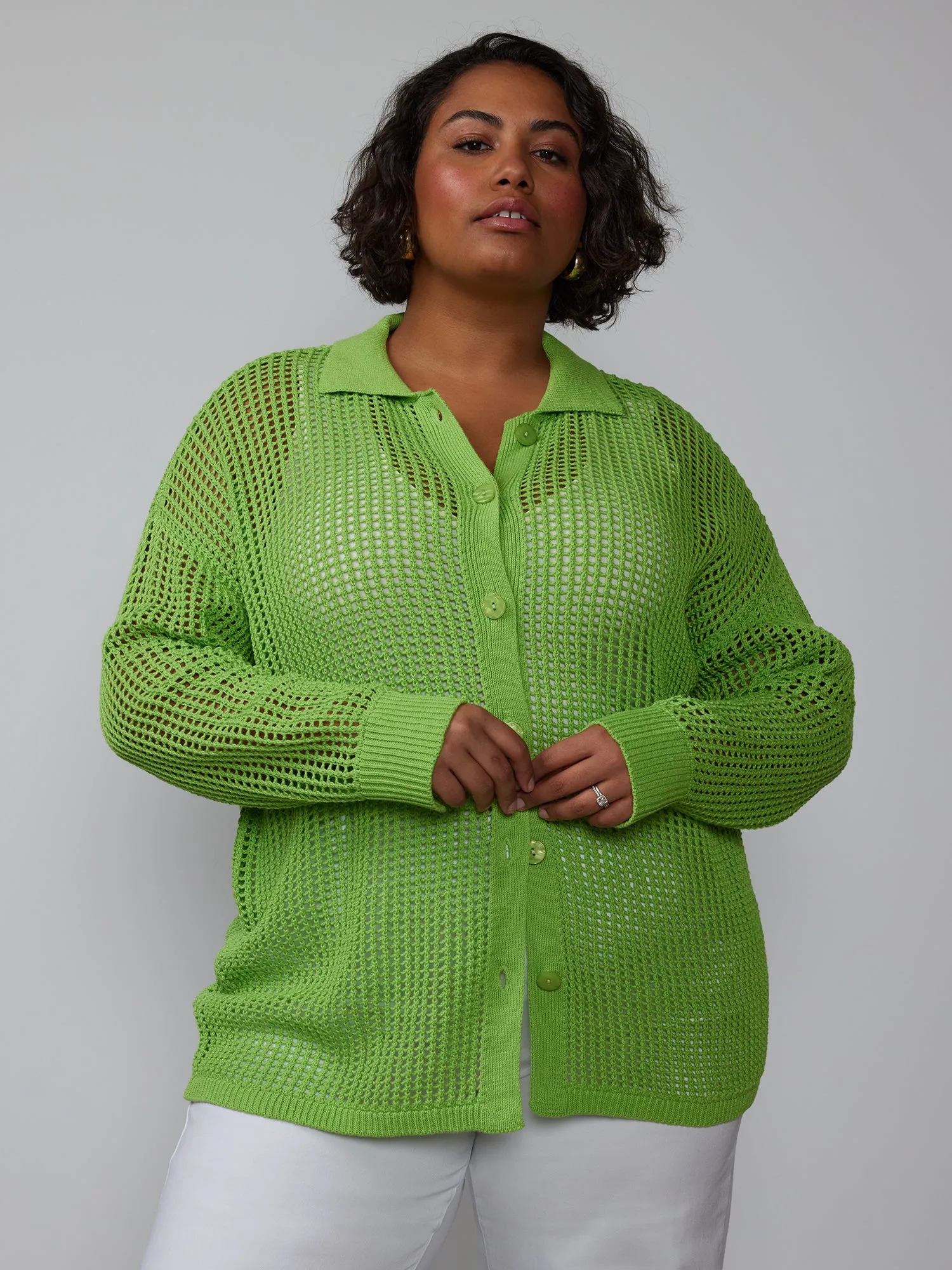Plus Open Stitch Collar Neck Cardigan