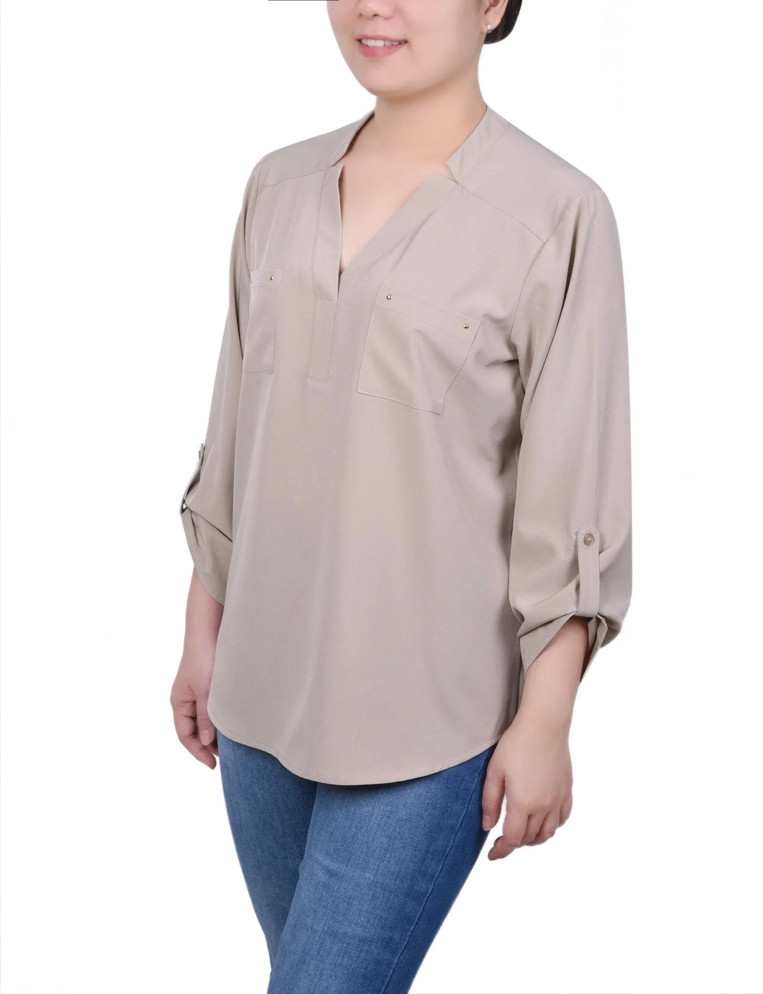 Roll Tab Sleeve Blouse with Pockets - Petite