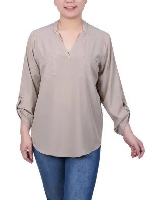 Roll Tab Sleeve Blouse with Pockets - Petite