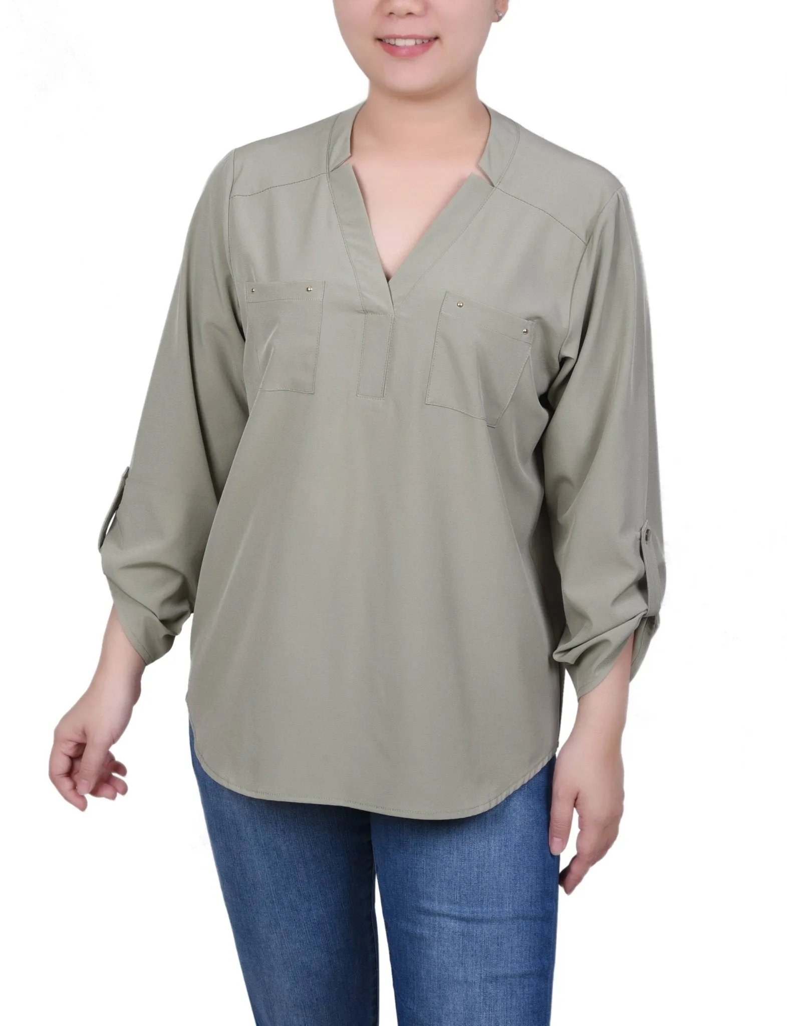 Roll Tab Sleeve Blouse with Pockets - Petite