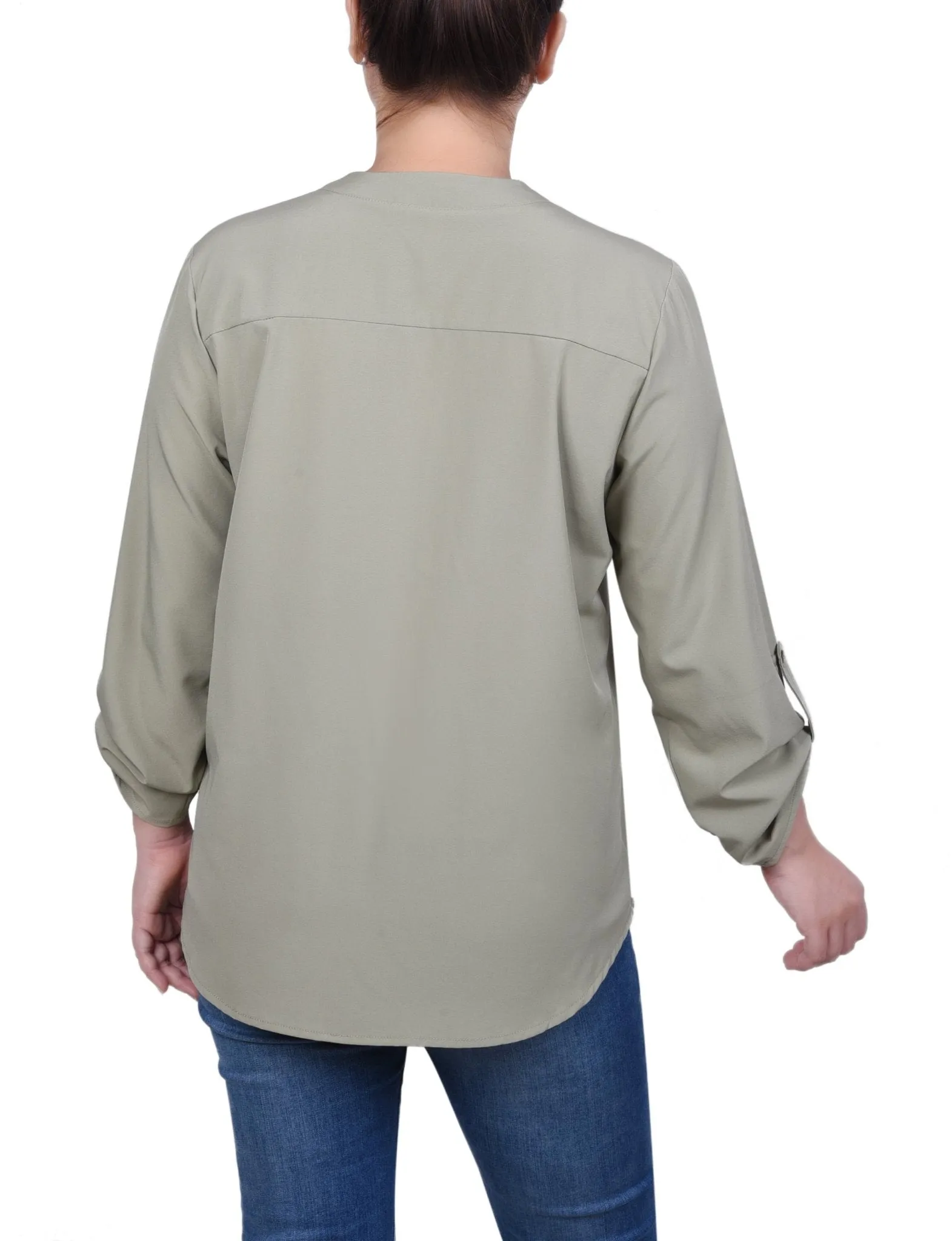Roll Tab Sleeve Blouse with Pockets - Petite