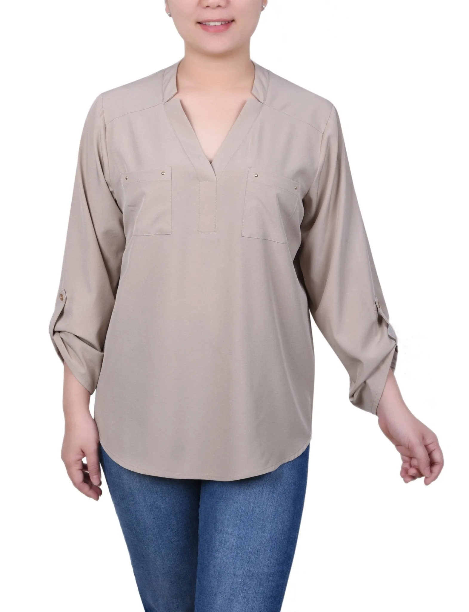 Roll Tab Sleeve Blouse with Pockets - Petite
