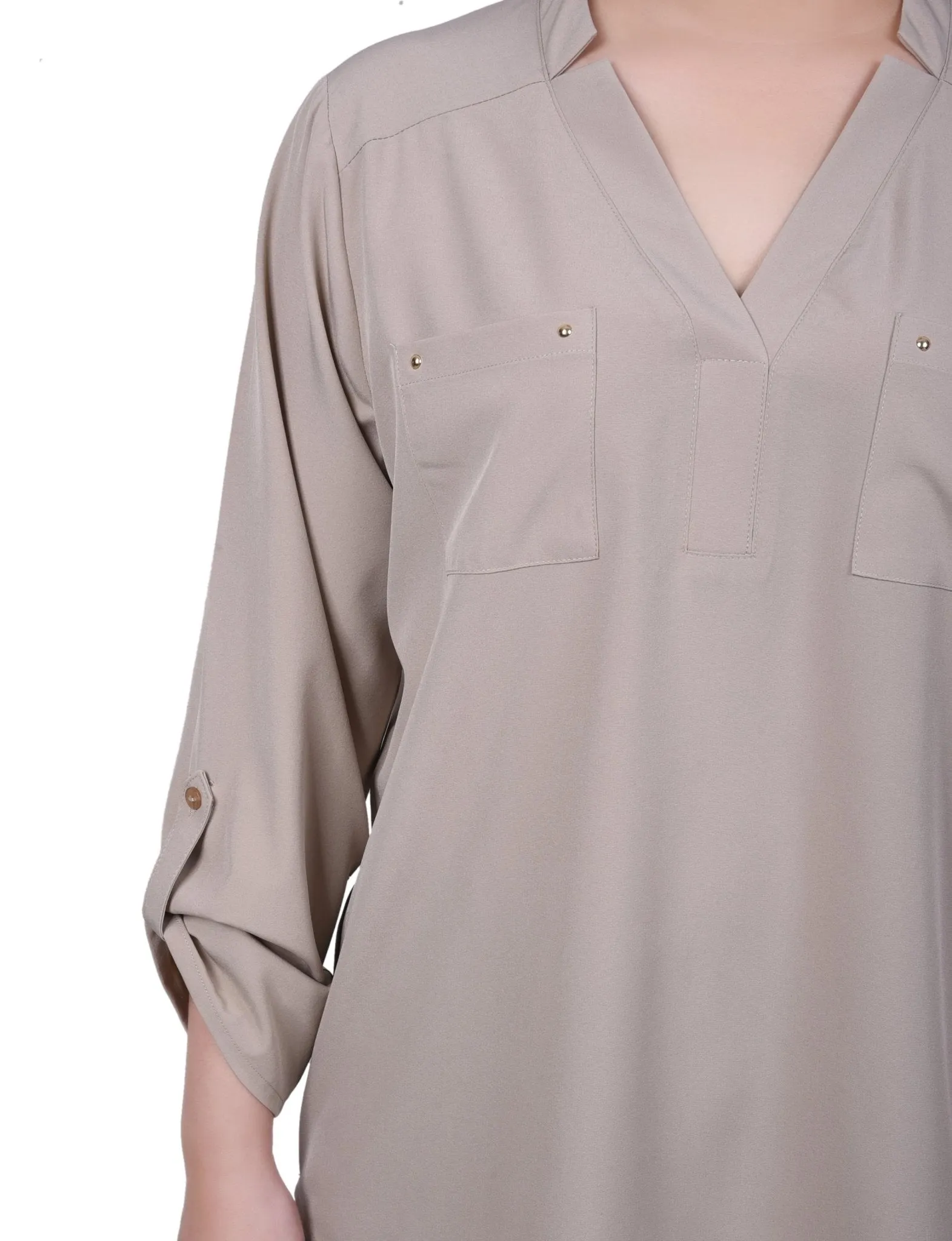 Roll Tab Sleeve Blouse with Pockets - Petite