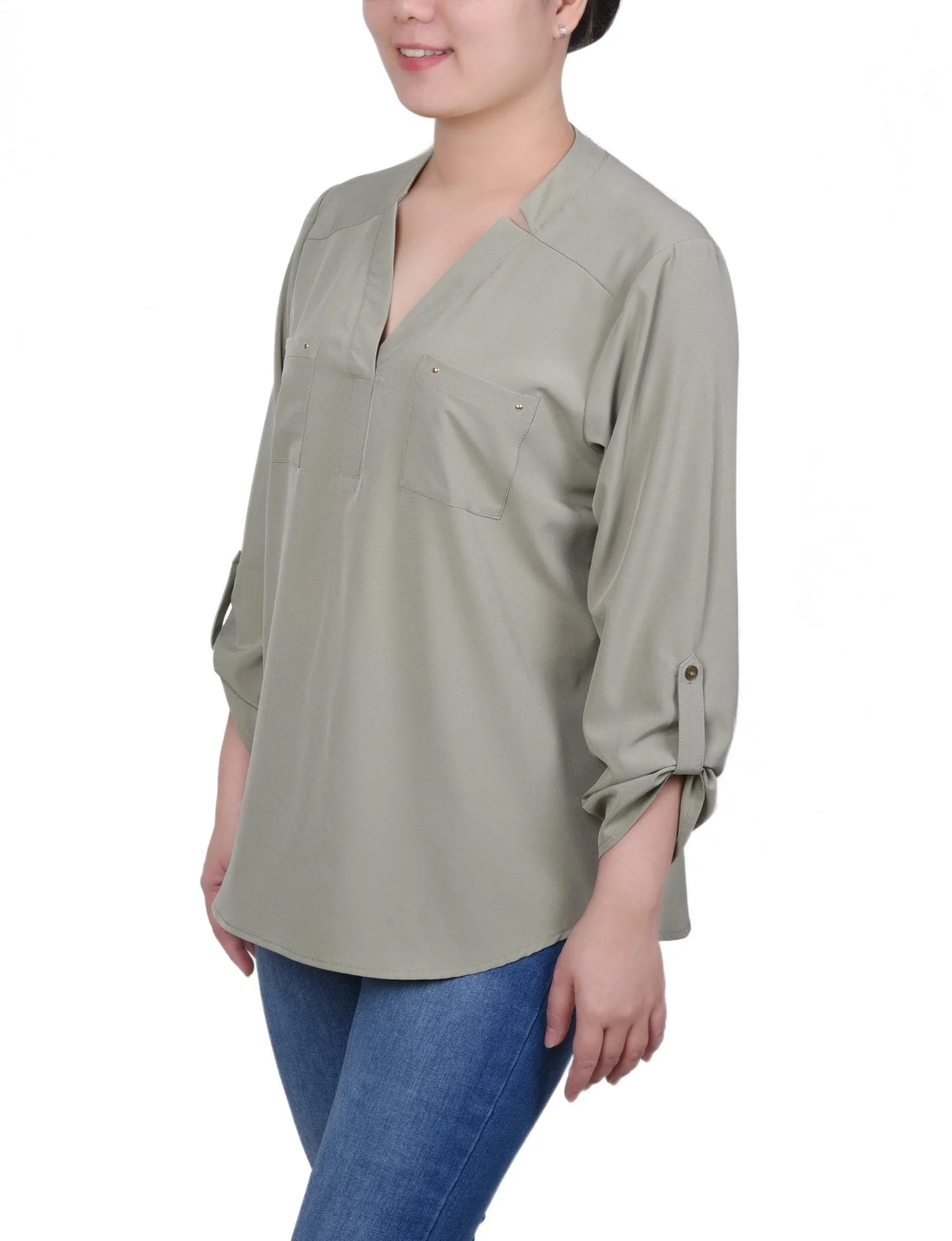 Roll Tab Sleeve Blouse with Pockets - Petite