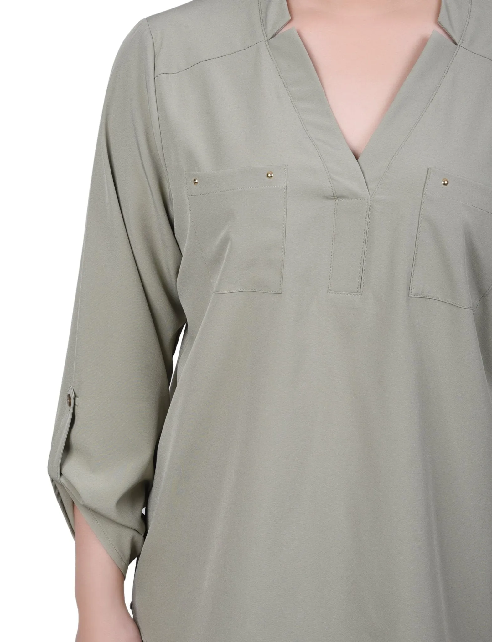 Roll Tab Sleeve Blouse with Pockets - Petite