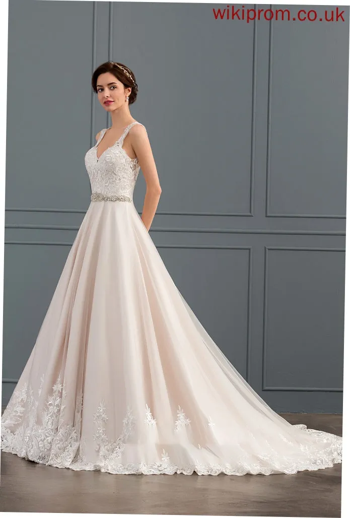 Tulle Ball-Gown/Princess Sweetheart Lace Train Dulce Wedding Dress Wedding Dresses With Court Beading