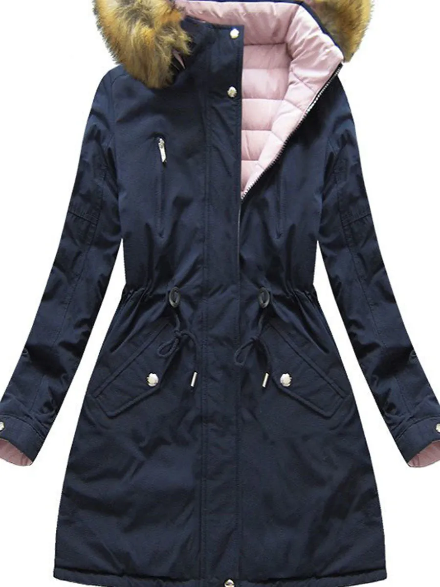 Warm Zipper Waist Plush Hooded Cotton Jacket
