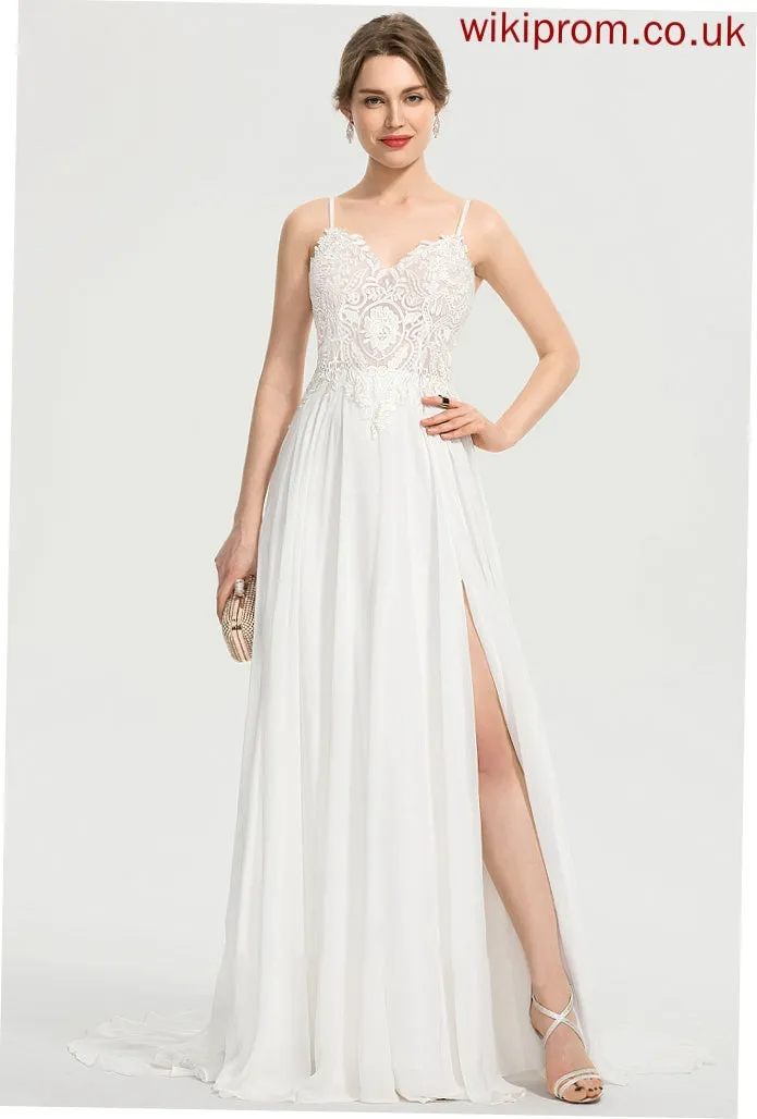 Wedding Train Wedding Dresses Chiffon A-Line Sweep Dress With V-neck Front Split Daniella