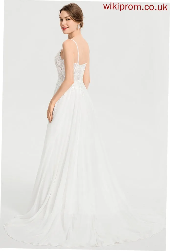 Wedding Train Wedding Dresses Chiffon A-Line Sweep Dress With V-neck Front Split Daniella
