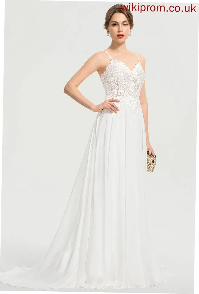 Wedding Train Wedding Dresses Chiffon A-Line Sweep Dress With V-neck Front Split Daniella