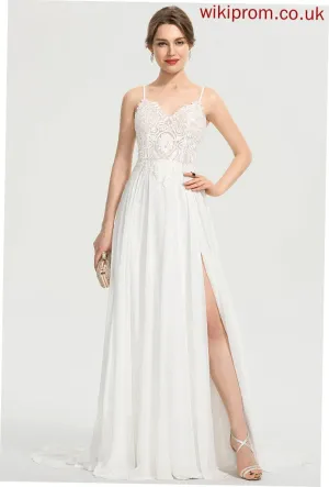 Wedding Train Wedding Dresses Chiffon A-Line Sweep Dress With V-neck Front Split Daniella