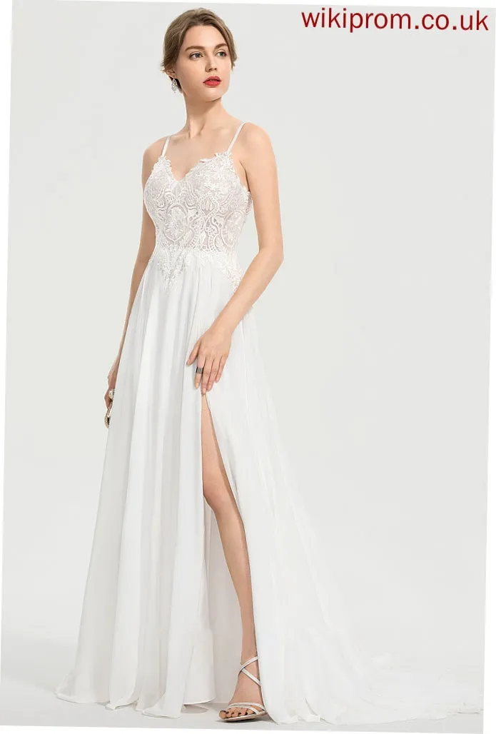 Wedding Train Wedding Dresses Chiffon A-Line Sweep Dress With V-neck Front Split Daniella