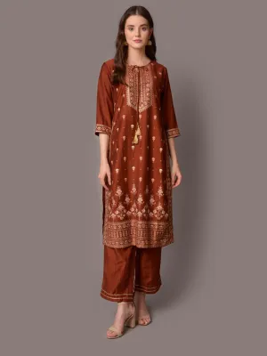 Women Rust Ornamental Printed Kurta With Comfort Pant