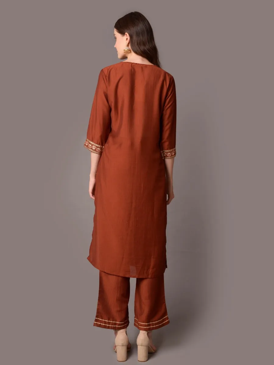 Women Rust Ornamental Printed Kurta With Comfort Pant
