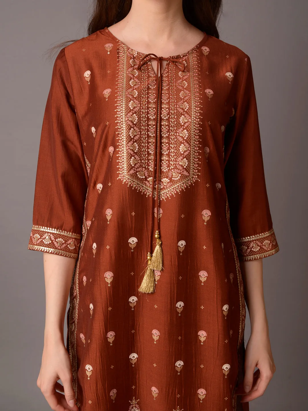 Women Rust Ornamental Printed Kurta With Comfort Pant