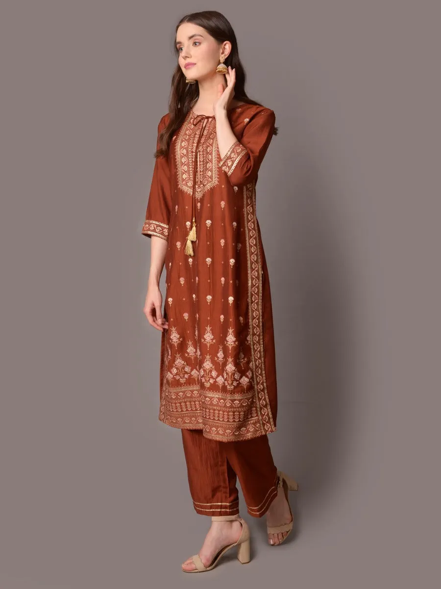 Women Rust Ornamental Printed Kurta With Comfort Pant
