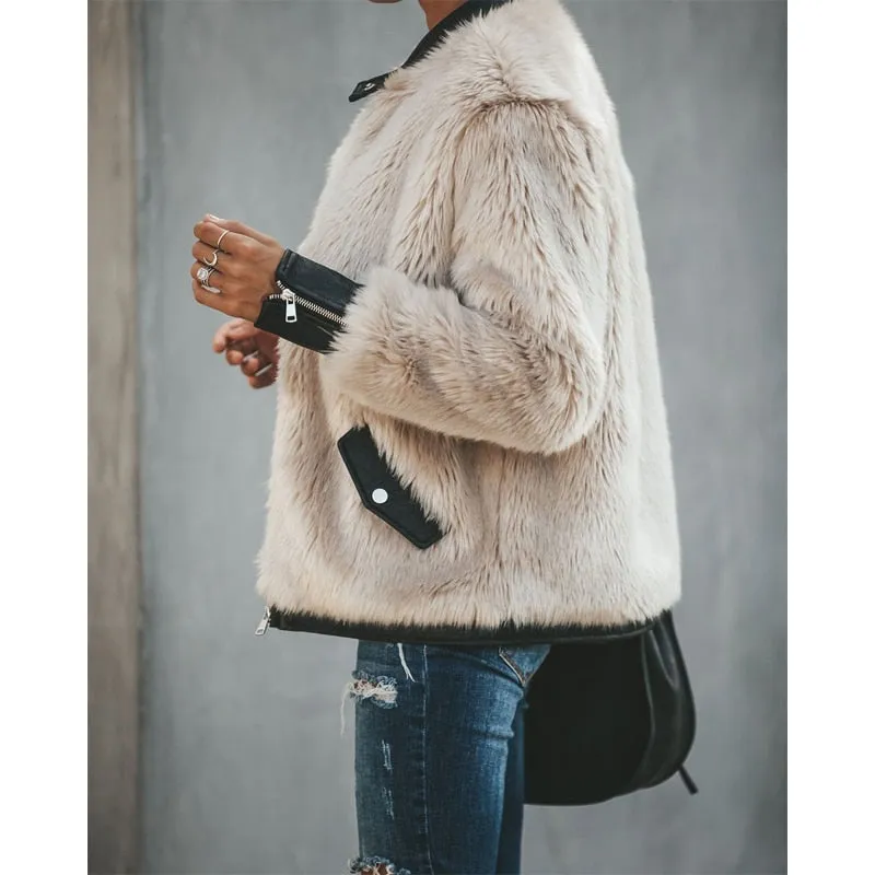 Women Warm Leather  Long Sleeve Slim Jacket