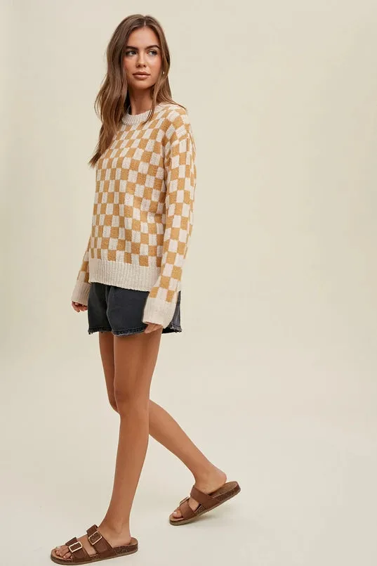 Women's Lightweight Checkered Pullover Sweater in Cream & Caramel